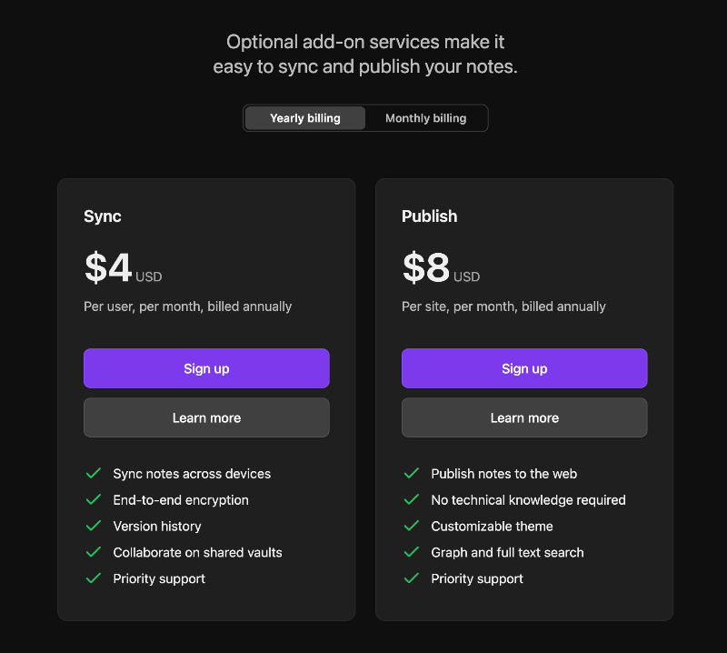 Obsidian's sync pricing showing a $4 USD/mo plan