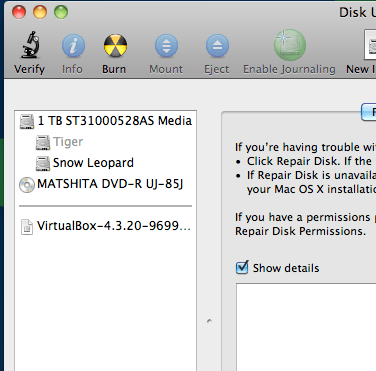 Disk Utility with the Tiger partition ejected on the right.