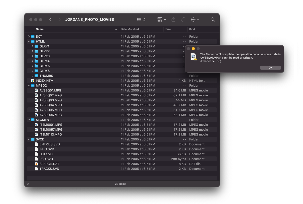 Screenshot from Finder showing the structure of the SVCD and an error while copying a file off the disc