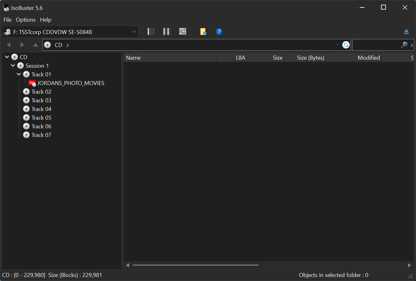 Screenshot from isobuster showing the 7 tracks