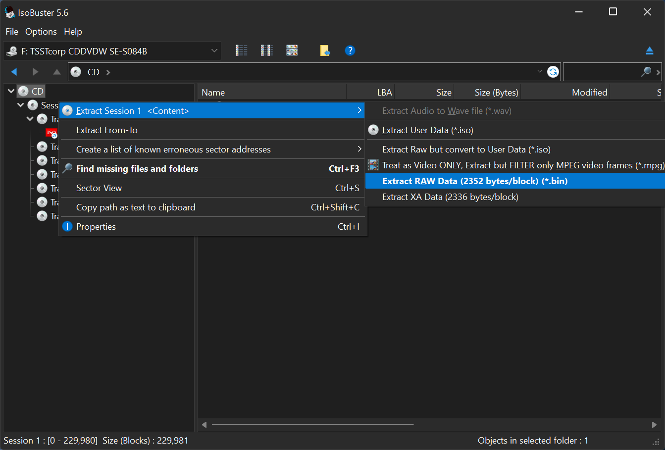Screenshot from isobuster showing the 'Extract Raw Data' option