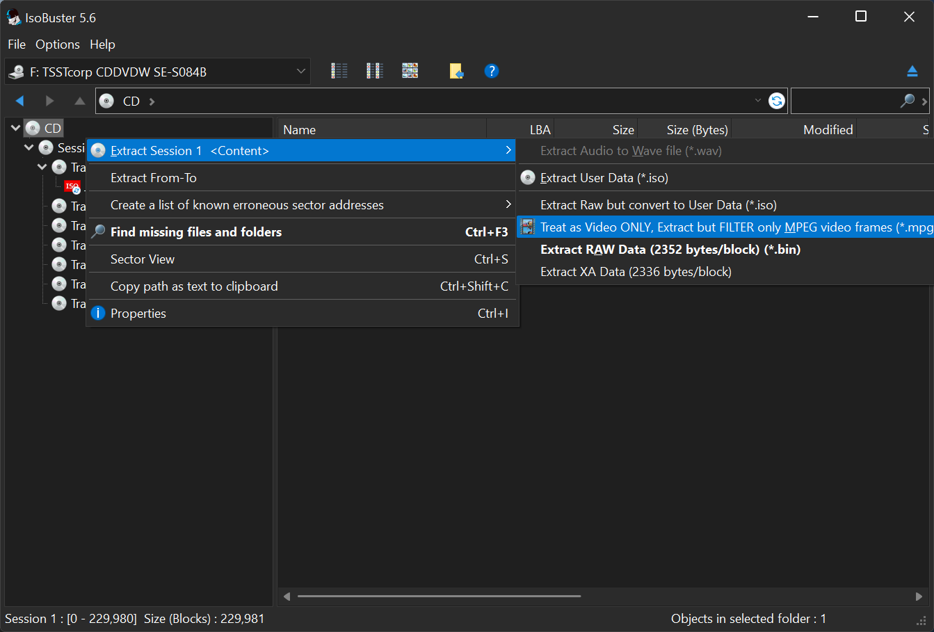 Screenshot from isobuster showing the extract video option
